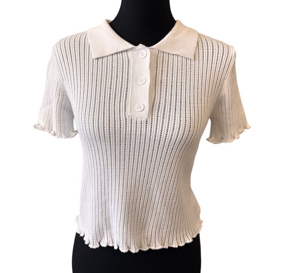 New COTTON EMPORIUM Women's White Collar Placket Polo Top Size M
